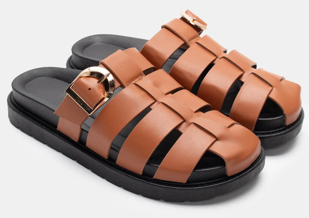 Σανδάλια Flatform με Πολλαπλά Λουράκια & Τόκα - Κάμελ