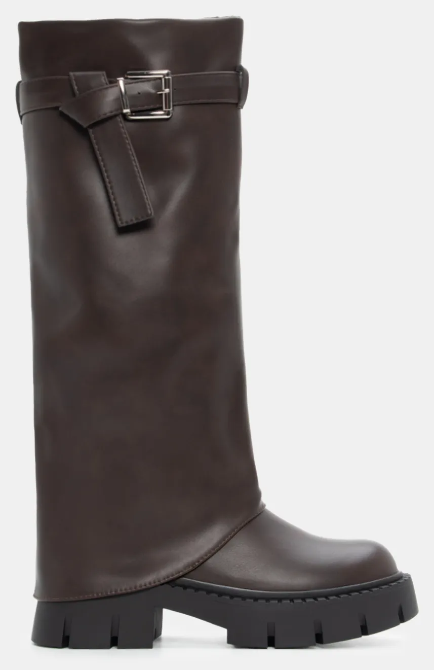 Μπότες με Εφέ Αναδιπλούμενης Φάσας & Τρακτερωτή Σόλα - Καφέ Σκούρο