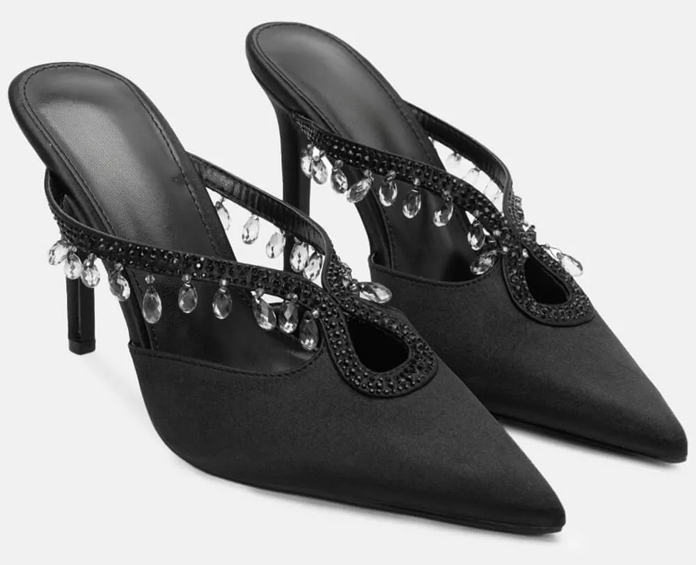 Mules Μυτερά με Διακοσμητικές Πέτρες & Strass - Μαύρο