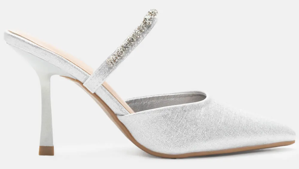 Mules Μυτερά με Strass & Μπαρέτα Από Πέτρες - Ασημί