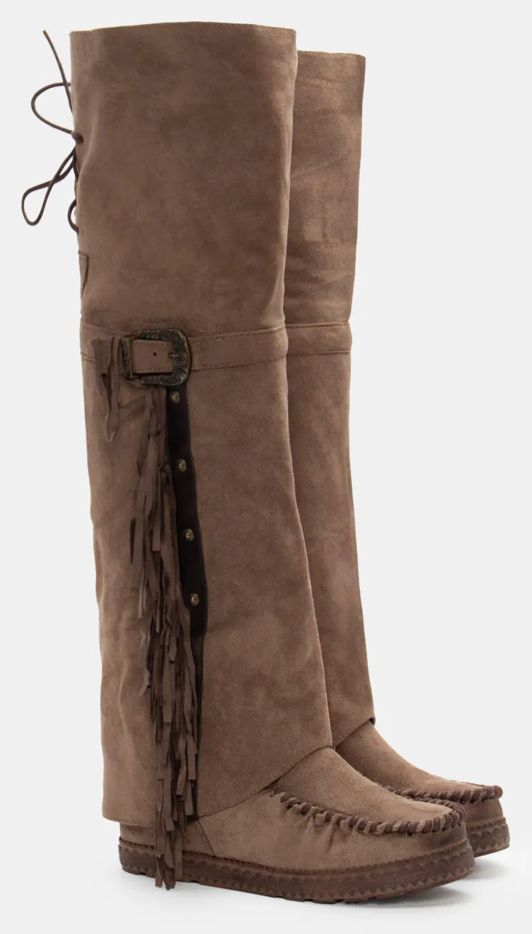 Μπότες Over The Knee με Εφέ Αναδιπλούμενης Φάσας - Μπεζ-Σκούρο