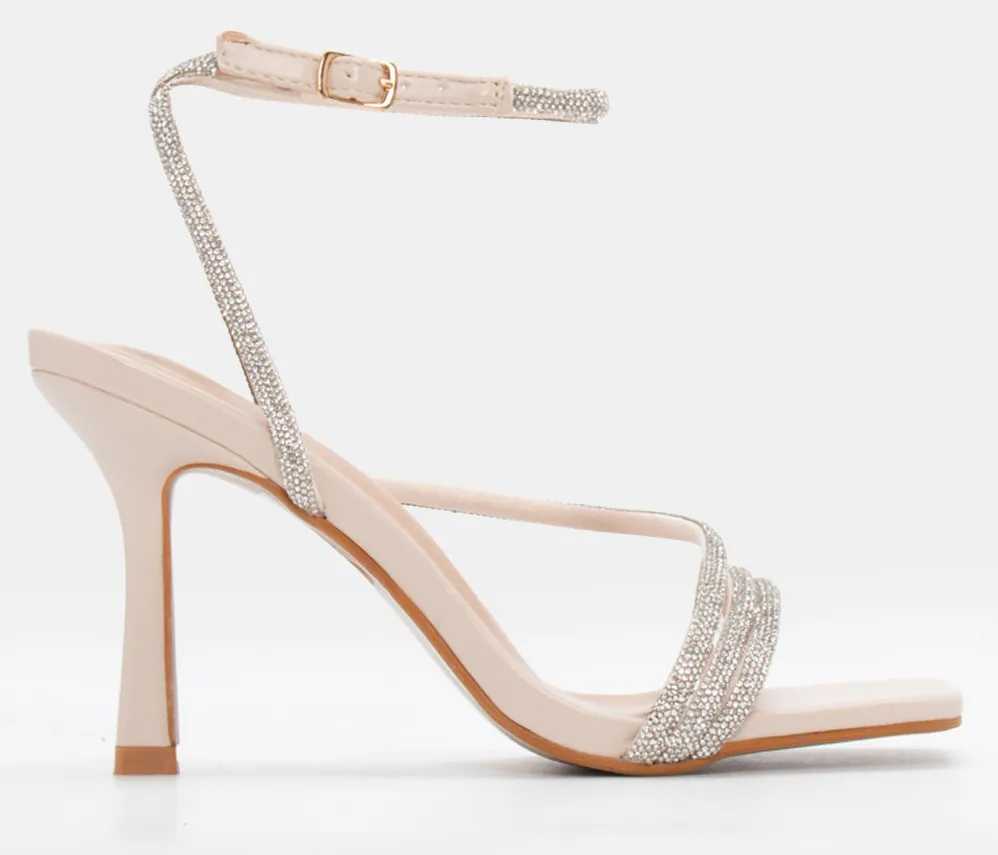 Πέδιλα με Χιαστί Λουράκια από Strass - Μπεζ