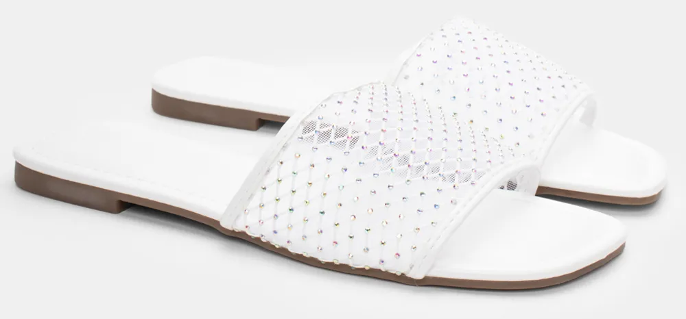 Flat Σανδάλια με Strass & Δίχτυ - Λευκό