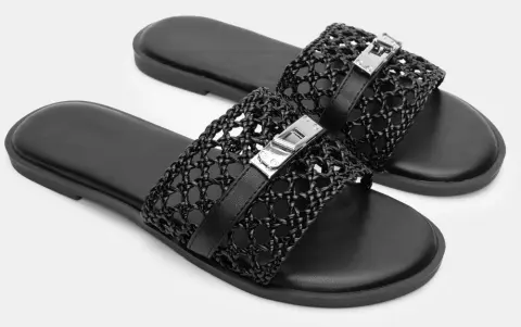 Flat Σανδάλια με Πλεκτή Φάσα & Διακοσμητικό Λουράκι - Μαύρο