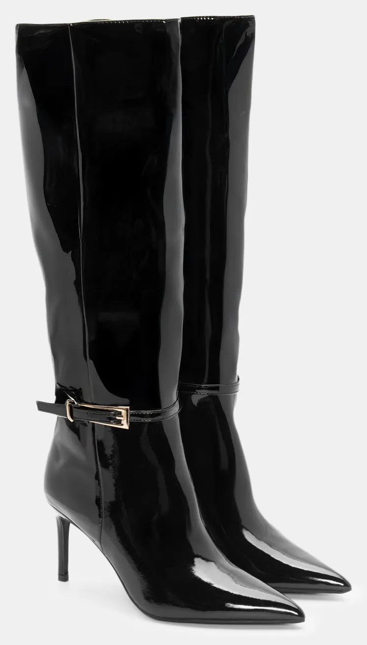 Μπότες Μυτερές με Διακοσμητικό Λουράκι - Μαύρο-Λουστρίνι