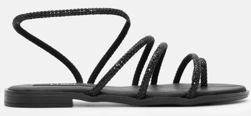 LUIGI DESIGN- Flat Σανδάλια με Λοξό Λουράκι & Strass - Μαύρο