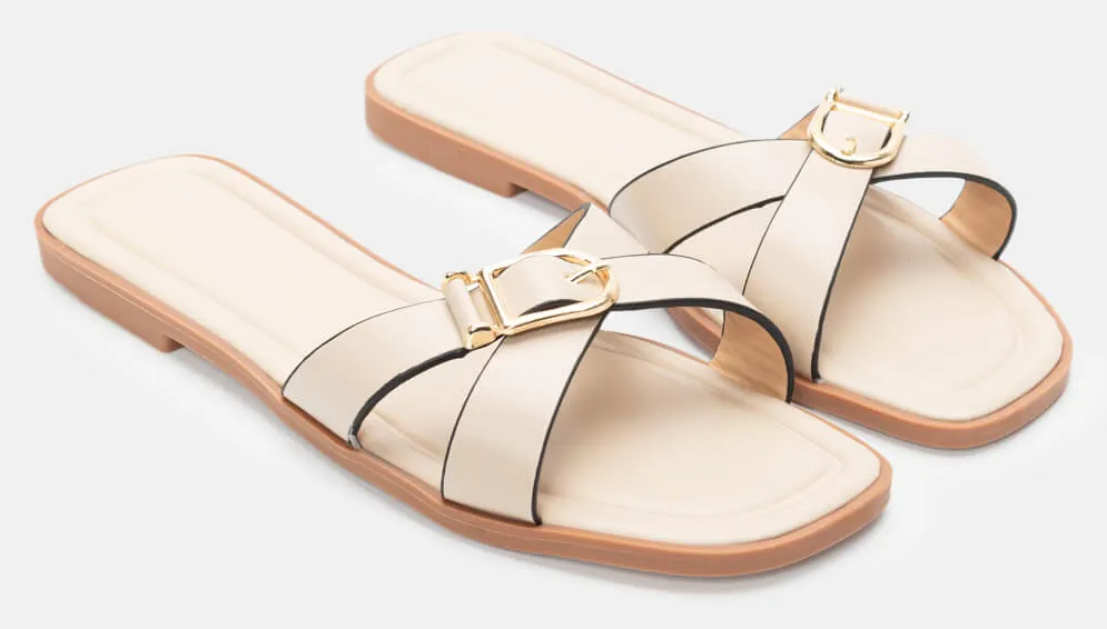 Σανδάλια Flat με Διπλά Λουράκια & Τόκα - Μπεζ