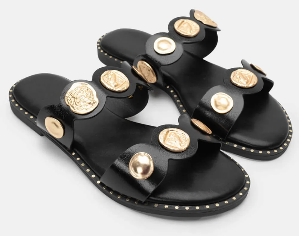 Σανδάλια Flat με Διακοσμητικά Από Ανάγλυφα Σχέδια - Μαύρο