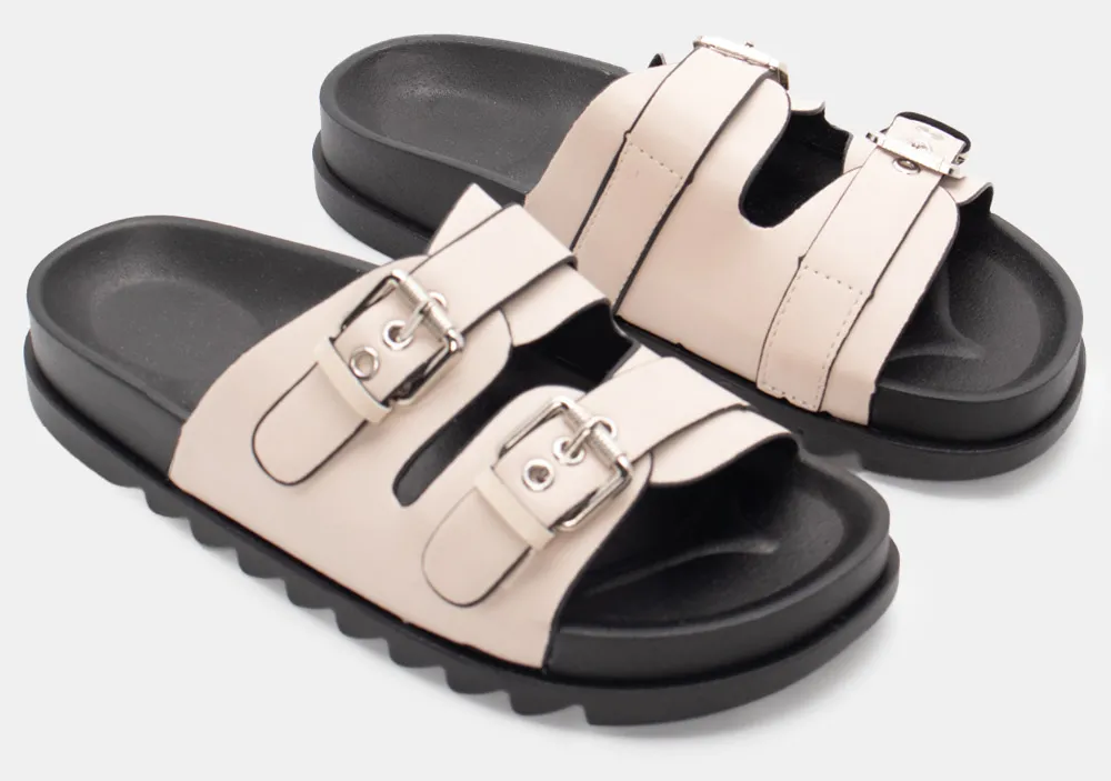 Σανδάλια Flatform με Διπλές Τόκες - Μπεζ