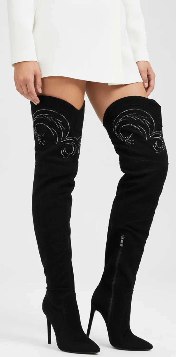 Μπότες Μυτερές Over the Knee με Strass - Μαύρο