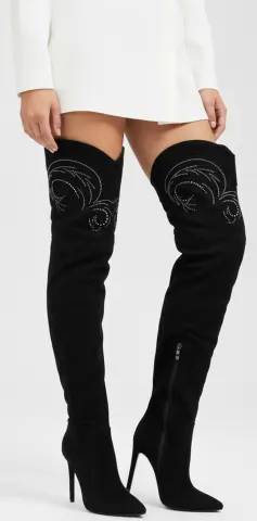 Μπότες Μυτερές Over the Knee με Strass - Μαύρο
