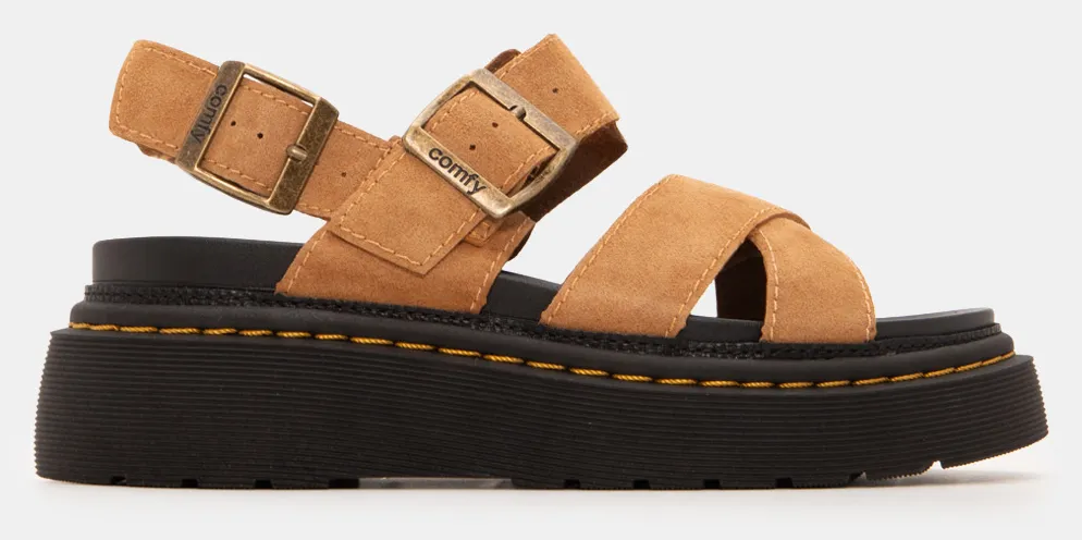 Σανδάλια Flatform με Χιαστί Λουράκια & Τόκες - Κάμελ