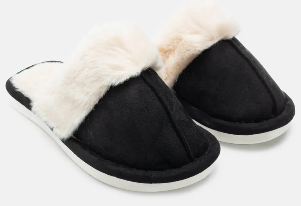 Παντόφλες Γούνινες με Ραφή Μποροστά - Μαύρο