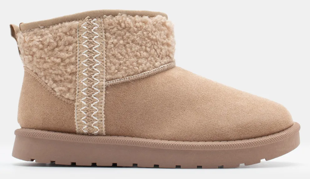 Μποτάκια με Εσωτερική Επένδυση Γούνας & Κέντημα - Μπεζ-Σκούρο