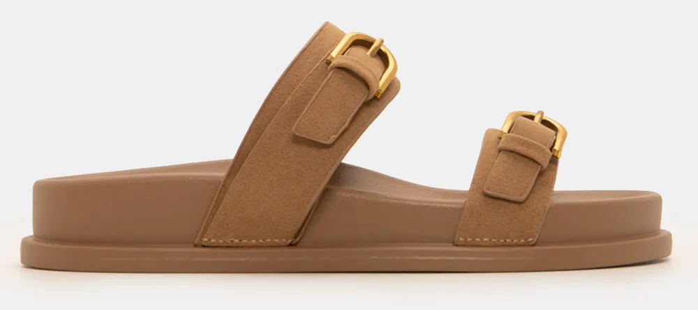 Σανδάλια Flatform με Διπλές Τόκες - Μπεζ-Σκούρο