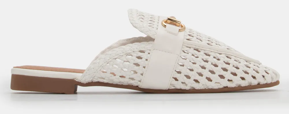 Mules με Πλεκτή Πλέξη & Διακοσμητική Αγκράφα - Λευκό