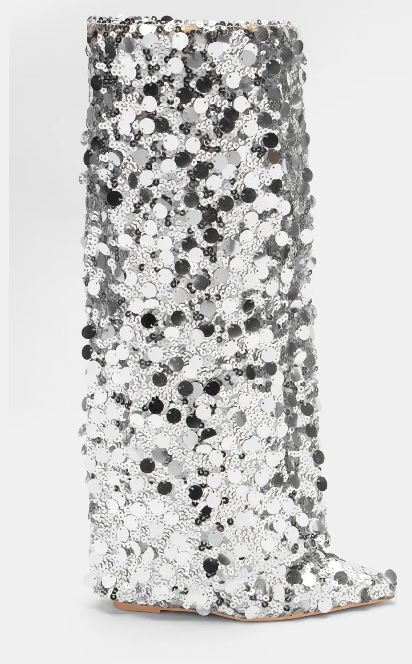Μπότες με Εφέ Αναδιπλούμενης Φάσας & Παγιέτες - Ασημί