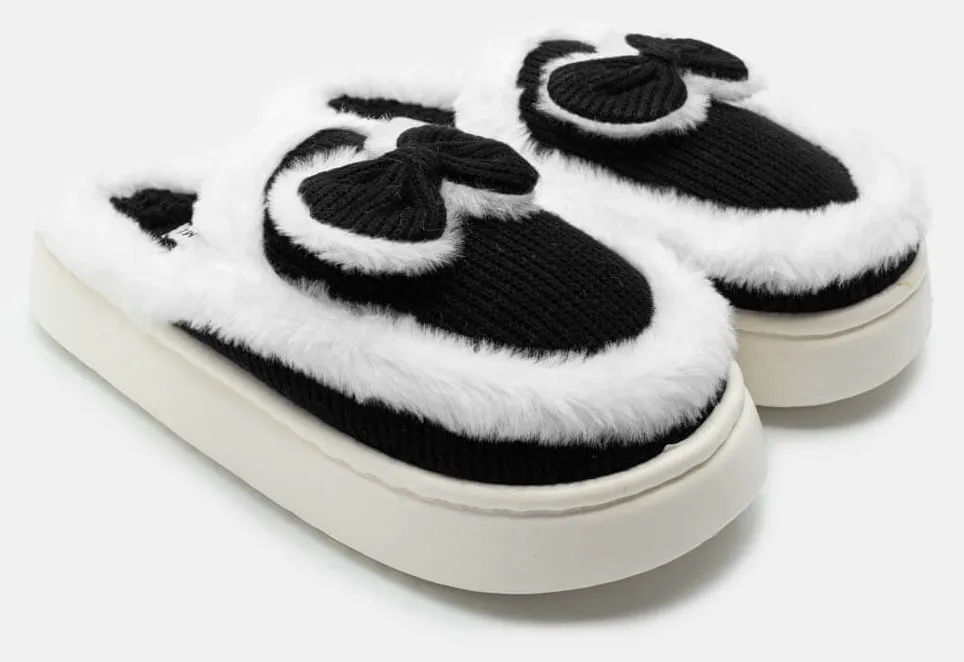 Παντόφλες Γούνινες με Φιόγκο - Μαύρο