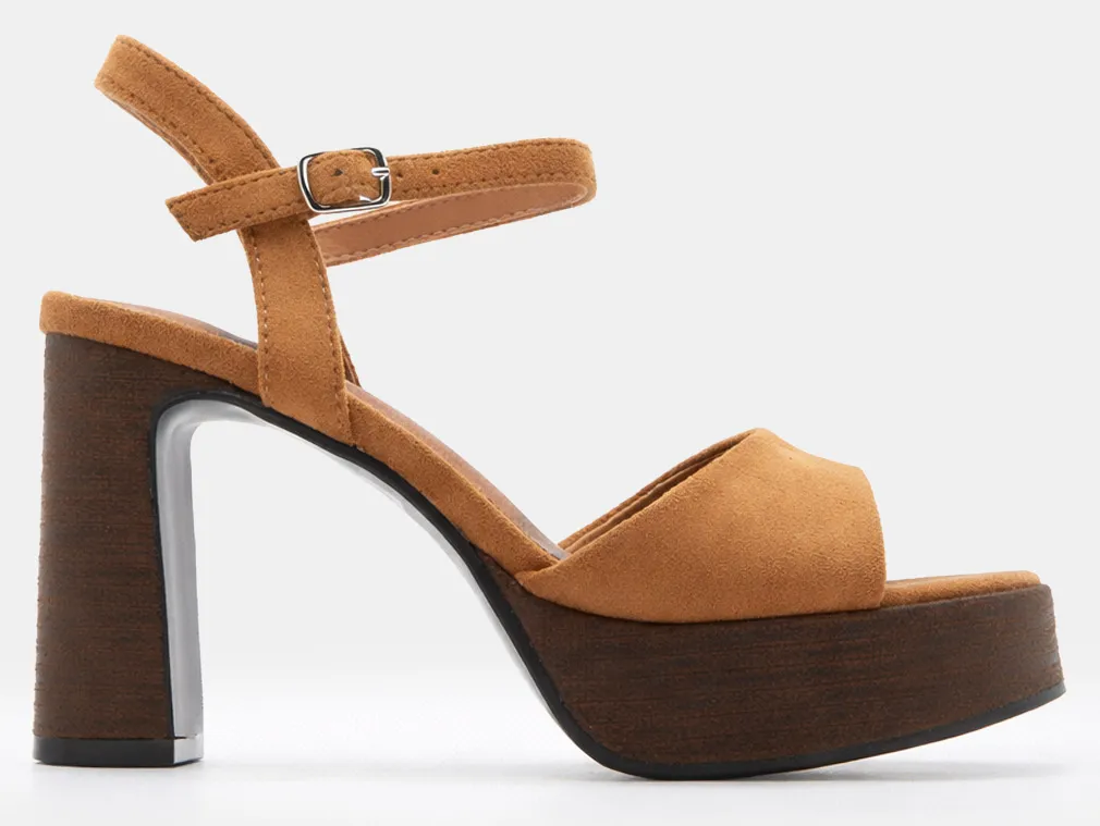 Πέδιλα Suede με Φιάπα & Χοντρό Τακούνι σε Wood Look - Κάμελ
