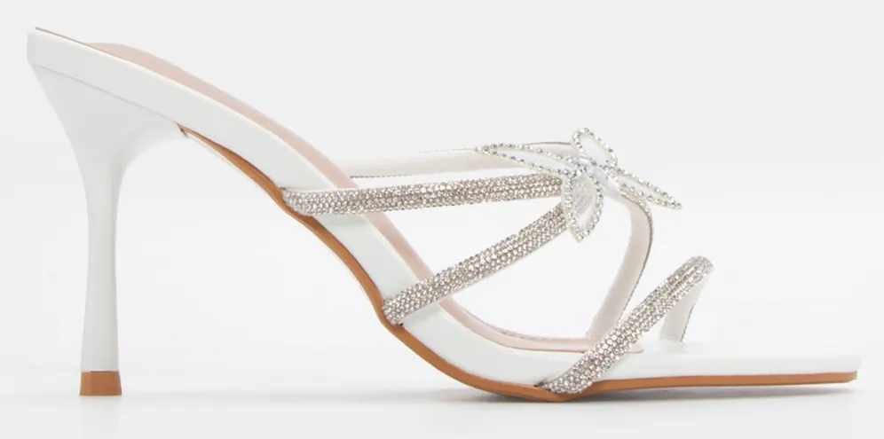 Mules με Διακοσμητική Πεταλούδα & Strass - Λευκό