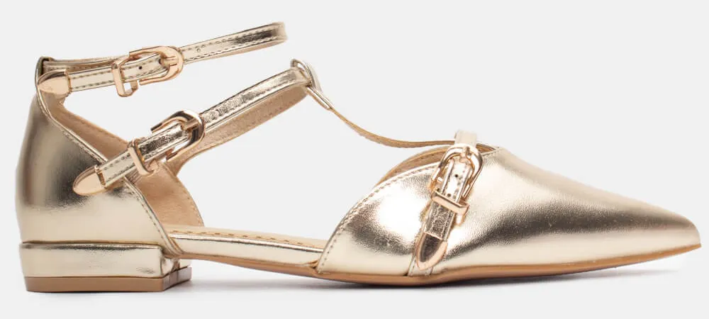 Γοβάκια Μυτερά με Λουράκια & Μπαρέτα - Χρυσό