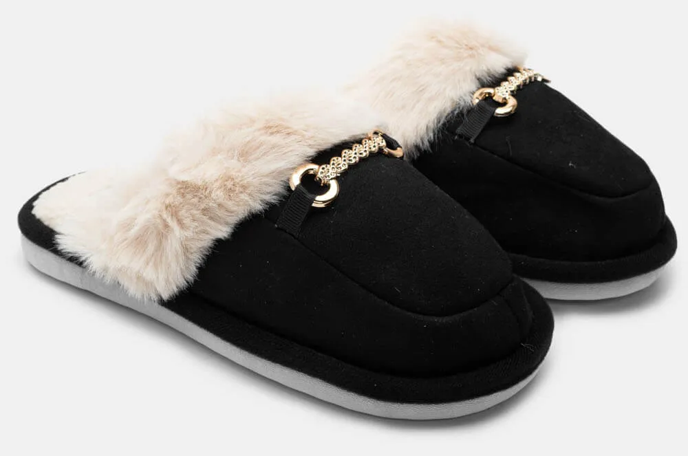 Παντόφλες Γούνινες με Διακοσμητική Αλυσίδα απο Strass - Μαύρο