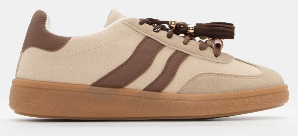 Sneakers με Διακοσμητικές Χάντρες - Μπεζ-Σκούρο