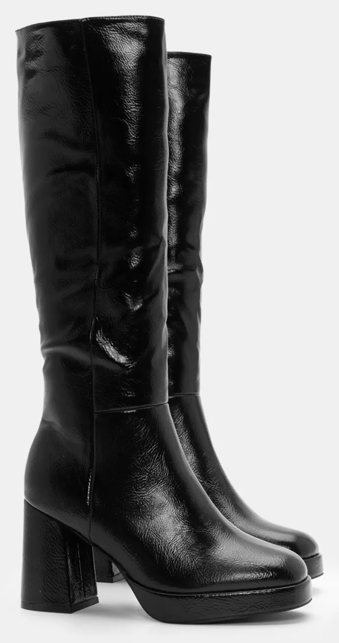 Μπότες με Φιάπα & Τακούνι - Μαύρο-Σπαστό-Λουστρίνι