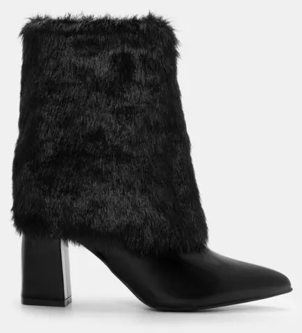 Μποτάκια με Εφέ Αναδιπλούμενης Φάσας από Γούνα - Μαύρο