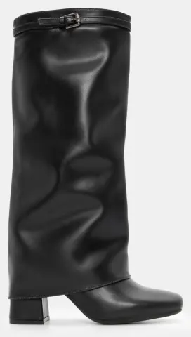 Μπότες με Εφέ Αναδιπλούμενης Φάσας & Διακοσμητικό Λουράκι - Μαύρο