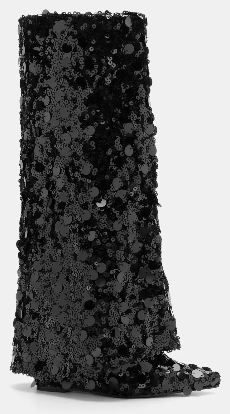 Μπότες με Εφέ Αναδιπλούμενης Φάσας & Παγιέτες - Μαύρο