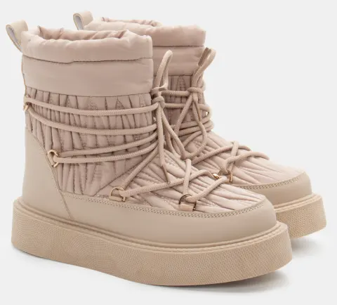 Μποτάκια με Εσωτερική Επένδυση Γούνας & Κορδόνια - Μπεζ-Σκούρο