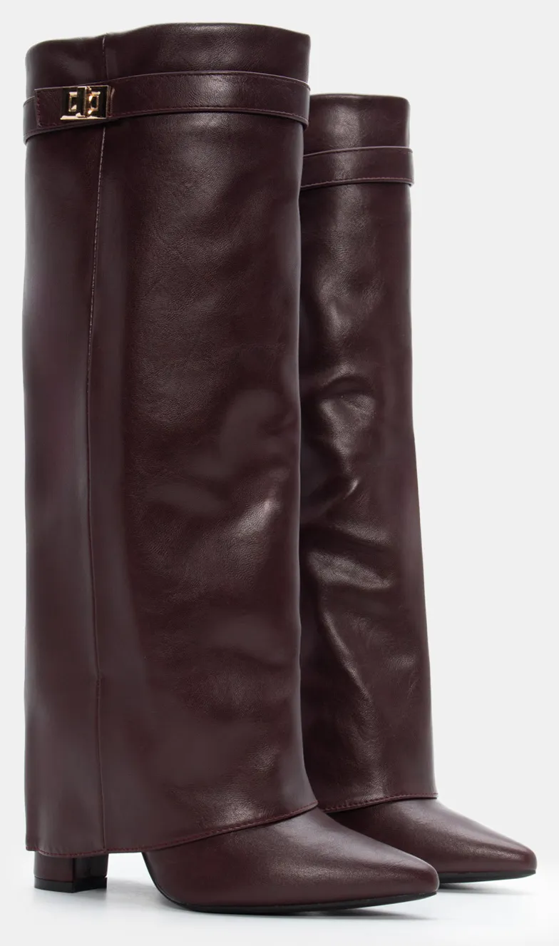 Μπότες με Εφέ Αναδιπλούμενης Φάσας & Διακοσμητικό Λουράκι - Μπορντό