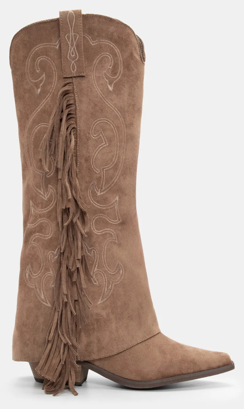 Μπότες Cowboy με Εφέ Αναδιπλούμενης Φάσας & Κρόσσια - Μπεζ-Σκούρο