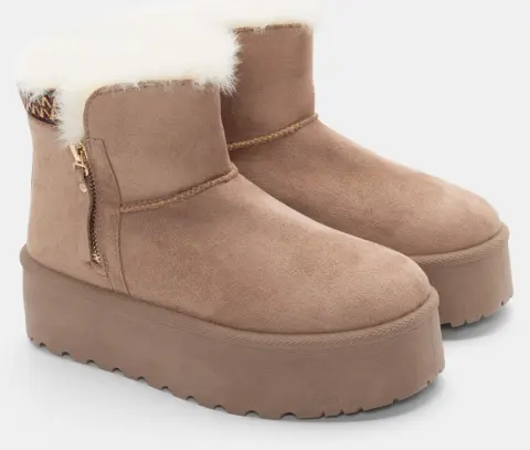 Μποτάκια με Εσωτερική Επένδυση Γούνας & Κέντημα - Μπεζ-Σκούρο
