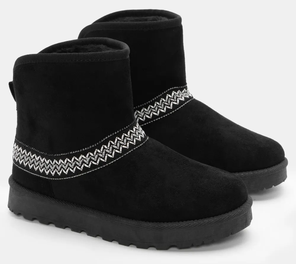 Μποτάκια με Εσωτερική Επένδυση Γούνας & Κέντημα - Μαύρο