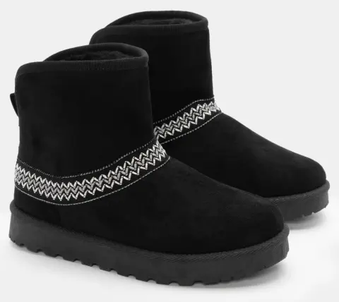 Μποτάκια με Εσωτερική Επένδυση Γούνας & Κέντημα - Μαύρο