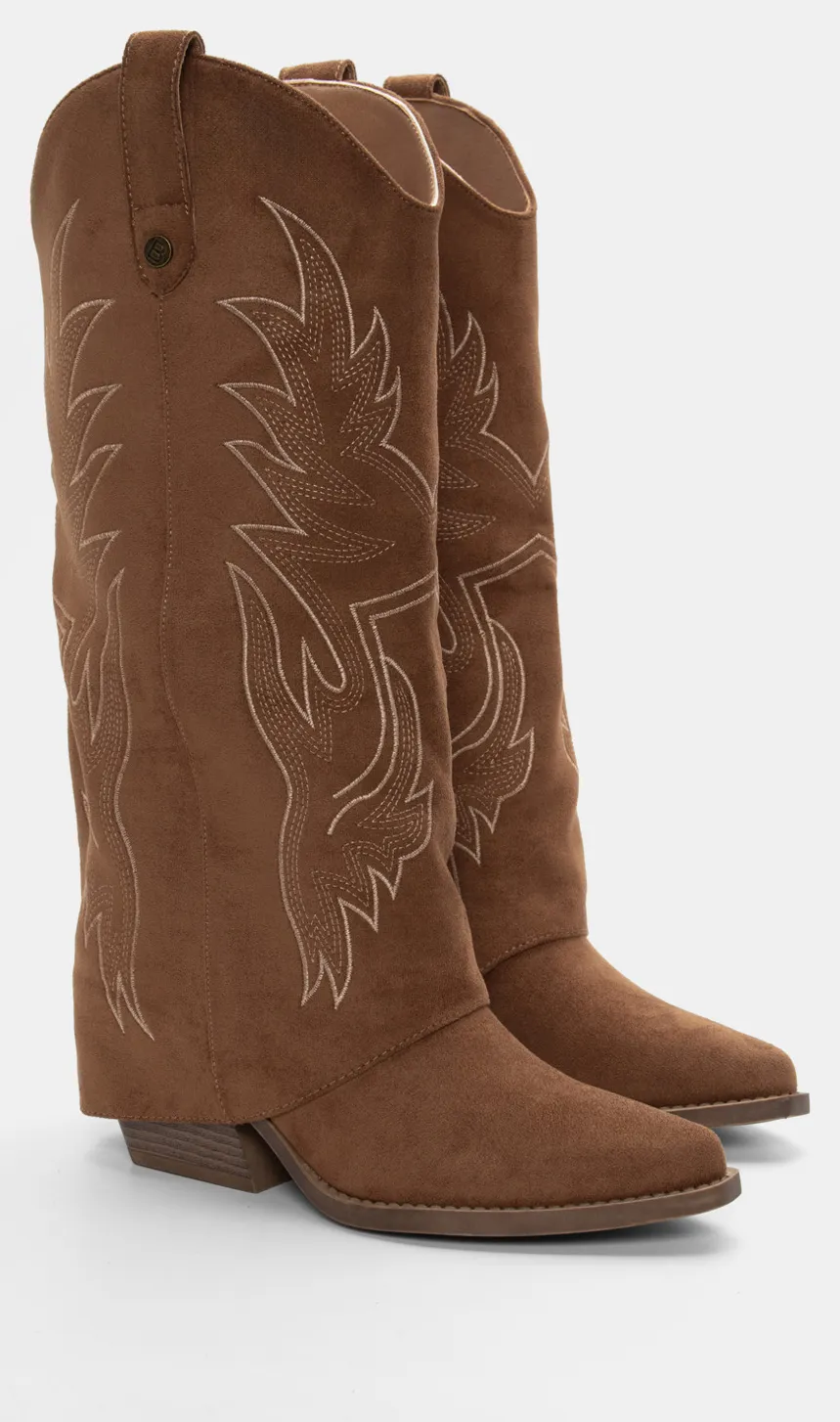 Μπότες Cowboy με Εφέ Αναδιπλούμενης Φάσας & Κέντημα - Κάμελ