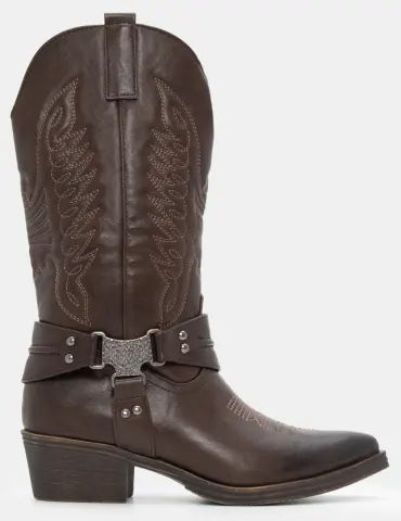 Μπότες Cowboy με Λουράκια & Διακοσμητικό - Καφέ Σκούρο