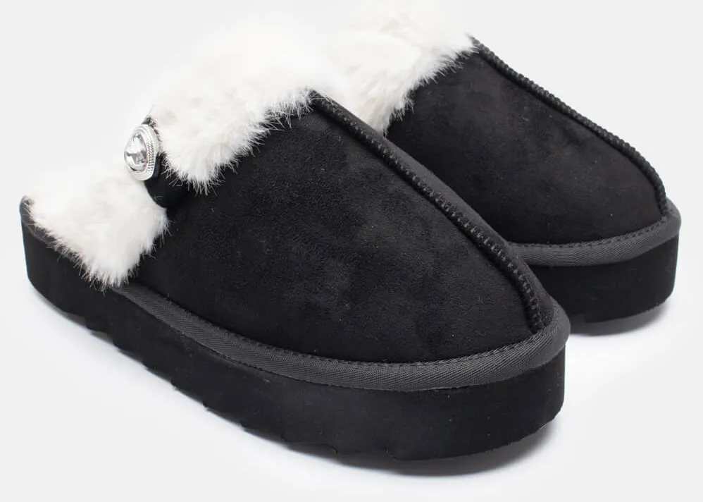 Παντόφλες Γούνινες με Διακοσμητική Καρδία - Μαύρο