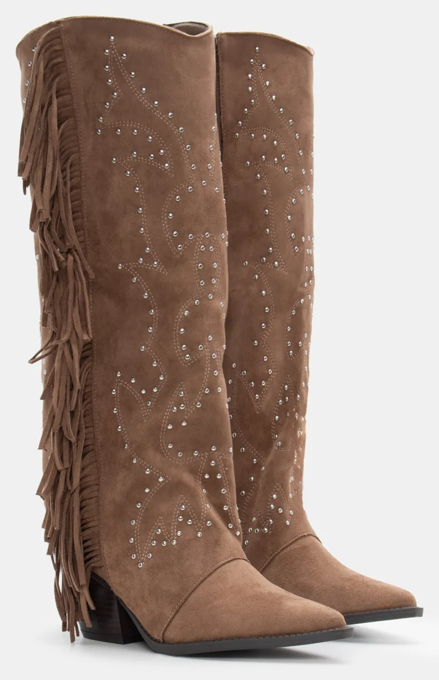 Μπότες Cowboy με Διακοσμητικά Κρόσσια & Τρούκς - Μπεζ-Σκούρο