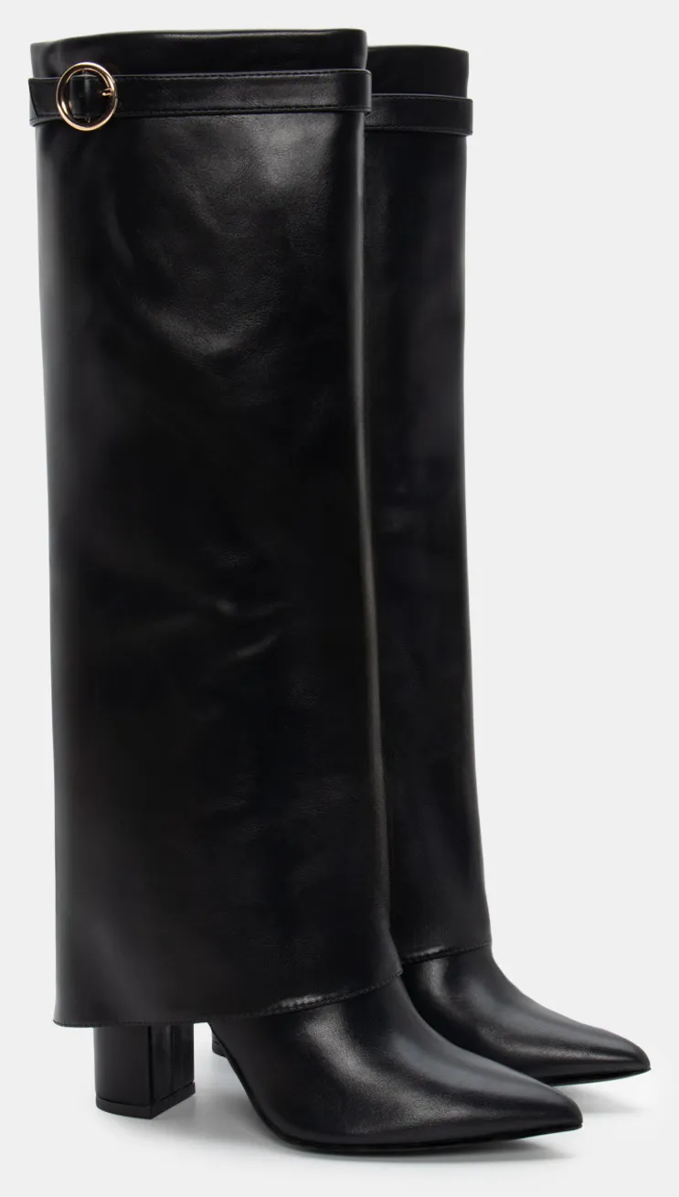 Μπότες Μυτερές με Εφέ Αναδιπλούμενης Φάσας & Διακοσμητικό Λουράκι - Μαύρο