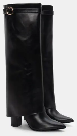 Μπότες Μυτερές με Εφέ Αναδιπλούμενης Φάσας & Διακοσμητικό Λουράκι - Μαύρο