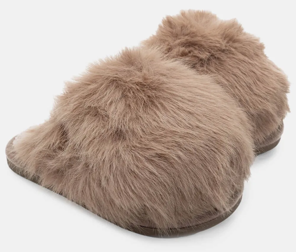 Παντόφλες Γούνινες - Μπεζ-Σκούρο