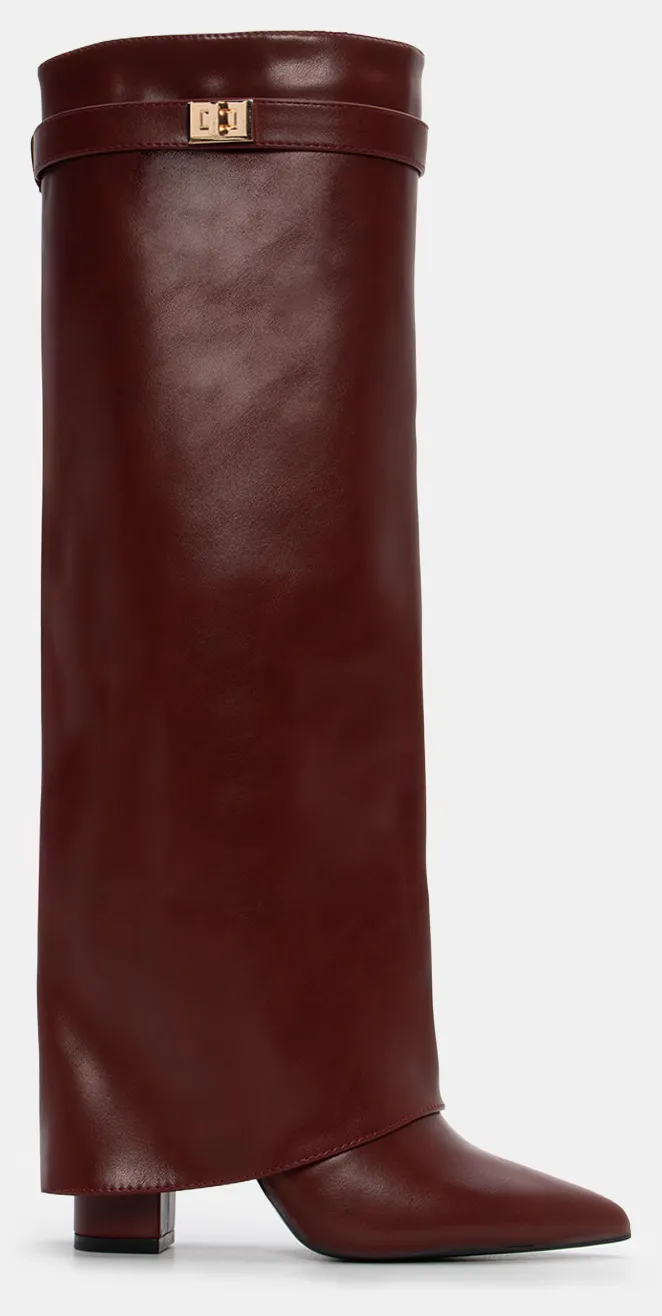 Μπότες Μυτερές με Εφέ Αναδιπλούμενης Φάσας & Διακοσμητικό Λουράκι - Μπορντό