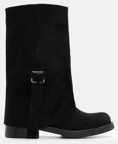 Μπότες με Εφέ Αναδιπλούμενης Φάσας & Διακοσμητικό Λουράκι - Μαύρο