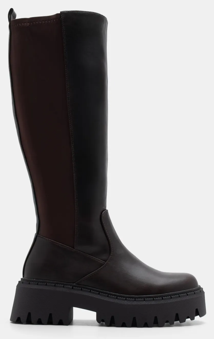 Μπότες σε Συνδυασμό Υλικών & Τρακτερωτή Σόλα - Καφέ Σκούρο