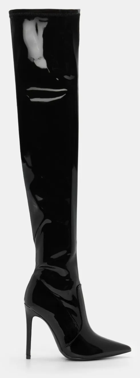Μπότες Μυτερές Over The Knee - Μαύρο-Λουστρίνι