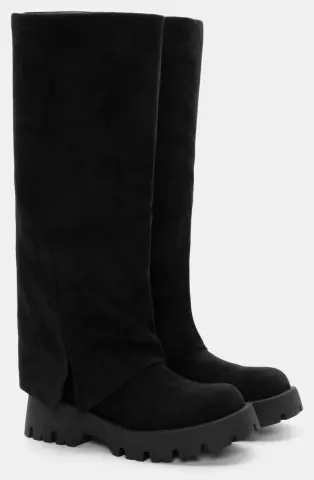 Μπότες με Εφέ Αναδιπλούμενης Φάσας & Τρακτερωτή Σόλα - Μαύρο