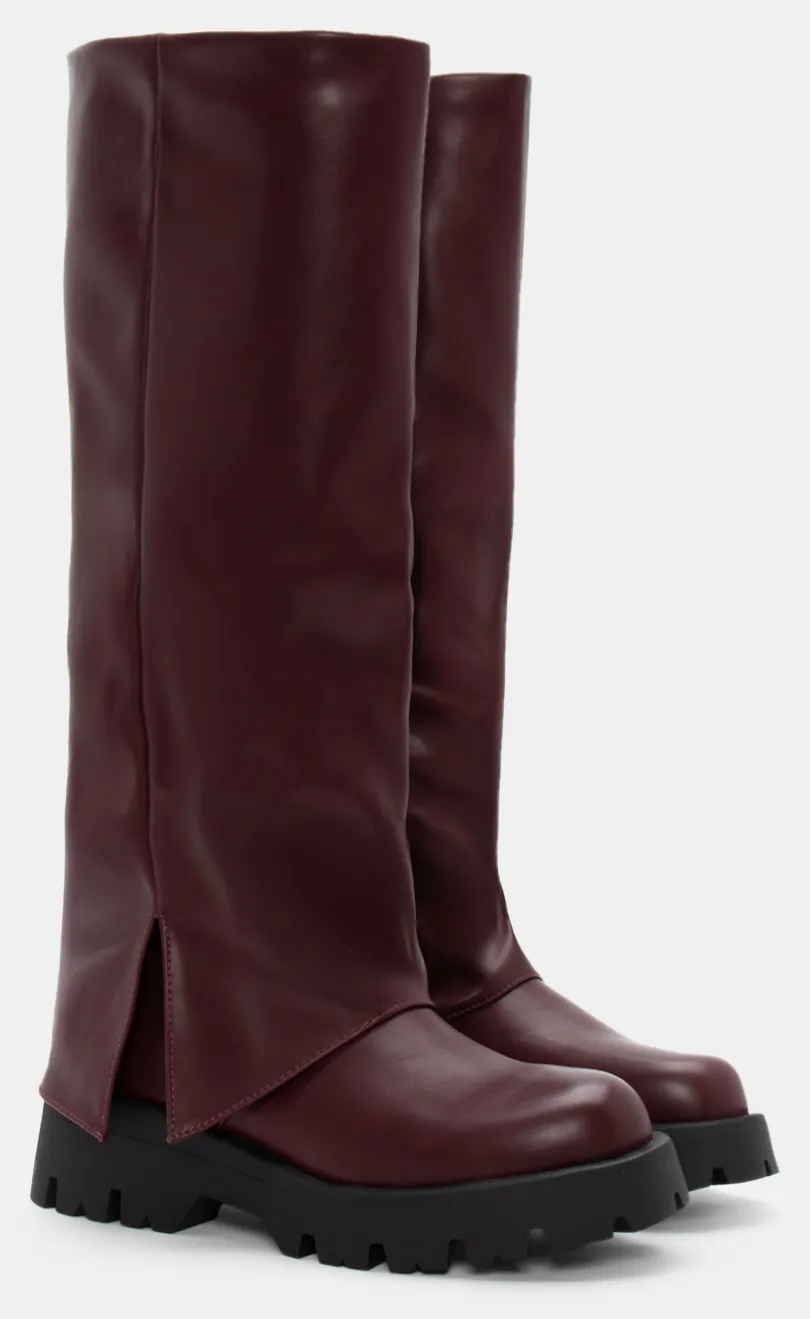 Μπότες με Εφέ Αναδιπλούμενης Φάσας & Τρακτερωτή Σόλα - Μπορντό